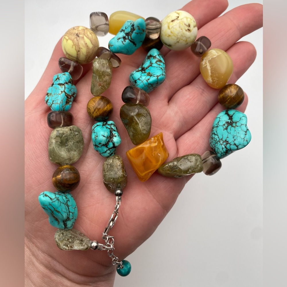 Large Multi Gemstone Strand Statement Necklace 925 Clasp